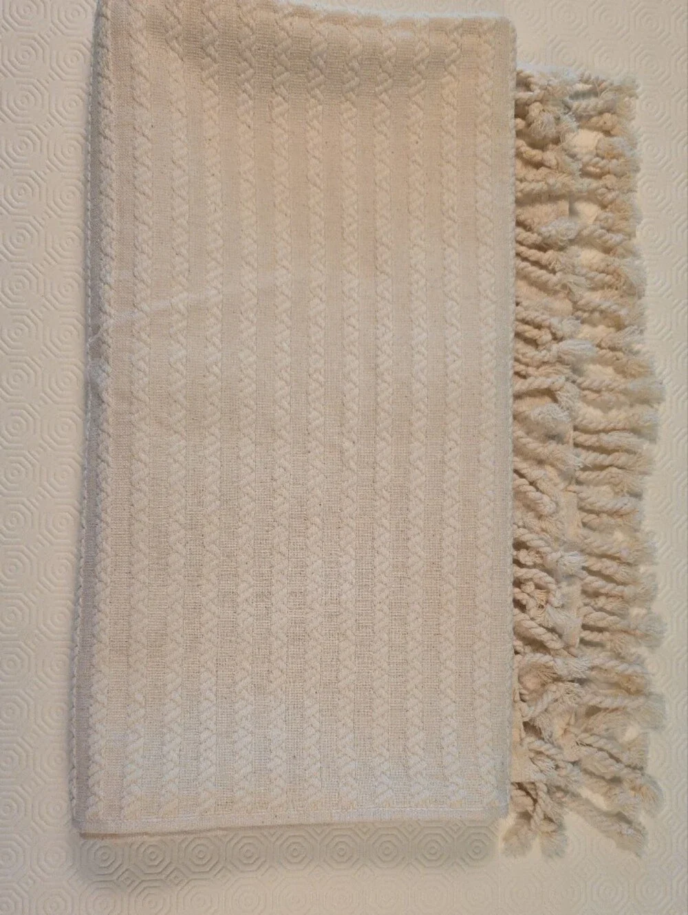 Peacock Alley Soft Cream Woven Throw Blanket with Fringe 38x62